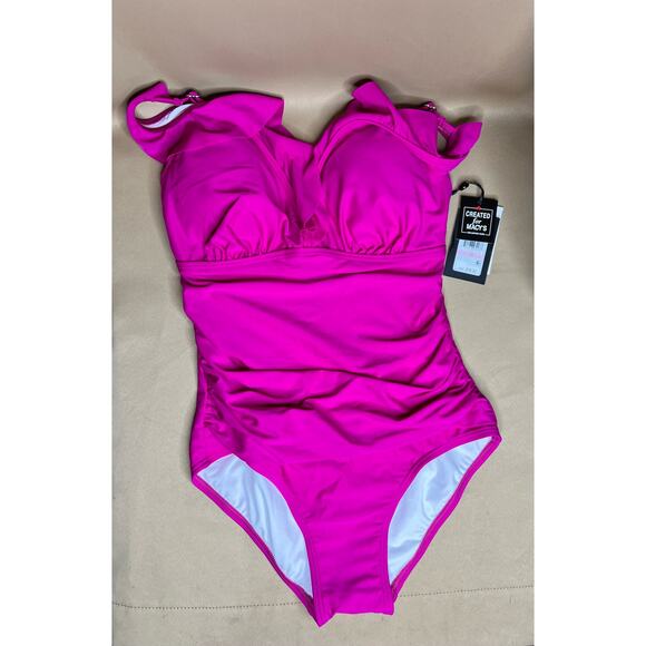 DKNY Fuchsia Ruffle Plunge Underwire One Piece Swim Suit10 NWT - Picture 6 of 9